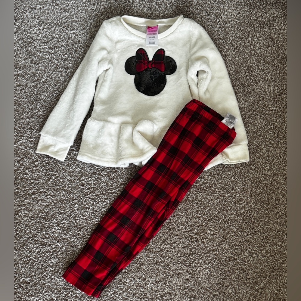 Girls Plush White Minnie Mouse Top with Red Plaid Pants